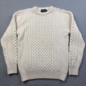 The Irish Store Mens Aran Cable Knit Fisherman Wool Crew Neck Sweater Ivory SZ L